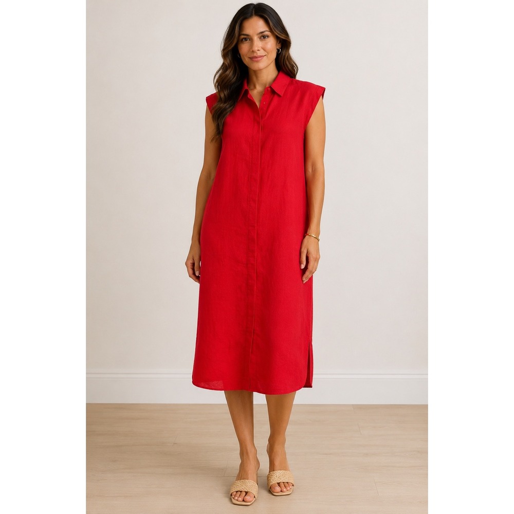 Jones New York Collection Linen Shirt Dress 16 Red Sleeveless Midi Shift XL